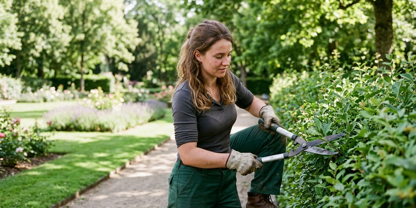 Un jardinier paysagiste qualifié en gants de protection et casque de sécurité taille une haie d'arbustes avec un taille-haie sur perche